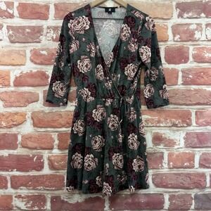 VTG Amy Byer IZ Dress Women's XL Gray Multicolor Garden Floral Surplice Wrap